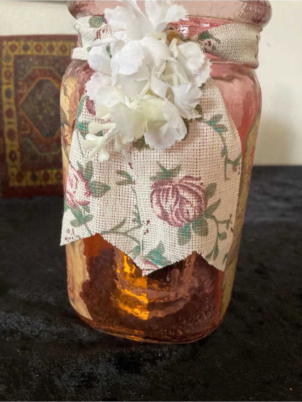 Handcrafted Pink Glass Decorative Flicker Light Jar with Floral Accent